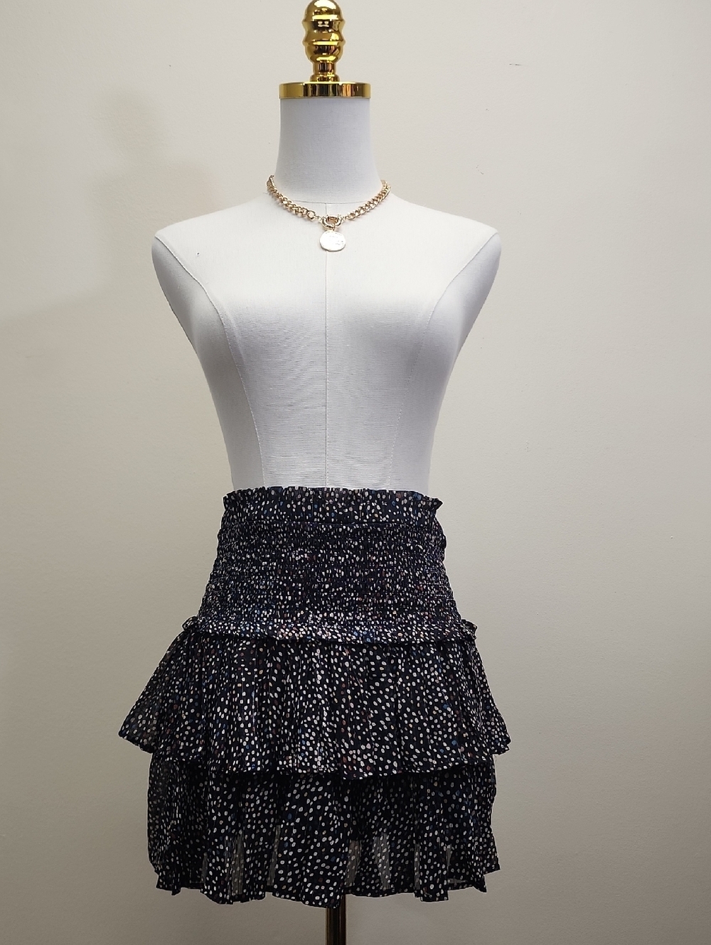 The Reset Navy Polka Dot Smocked Tiered Mini Skirt Size Large
